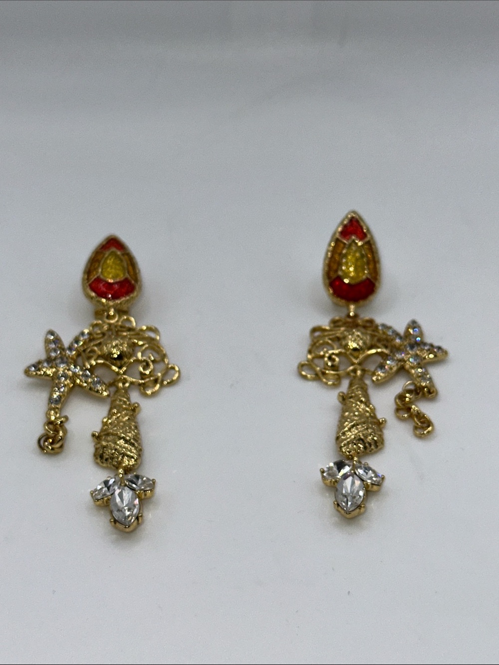 Fashion Jewelry Gold-Tone Dangle Earrings with Red and Yellow Accents